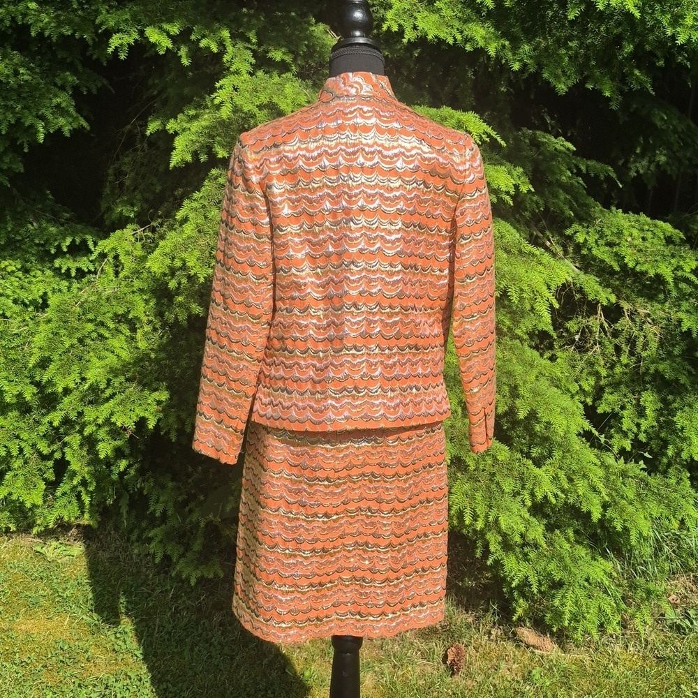 Vintage 2pc Vibrant Orange & Metallic Dress with Matching Jacket - 8 - Picture 7 of 10